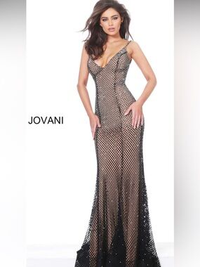 Jovani Black Net Overlay Gown with Nude Underlay